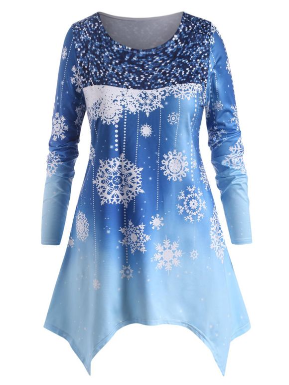 T-shirt Mouchoir de Noël Flocon de Neige Imprimé de Grande Taille - Bleu 5X