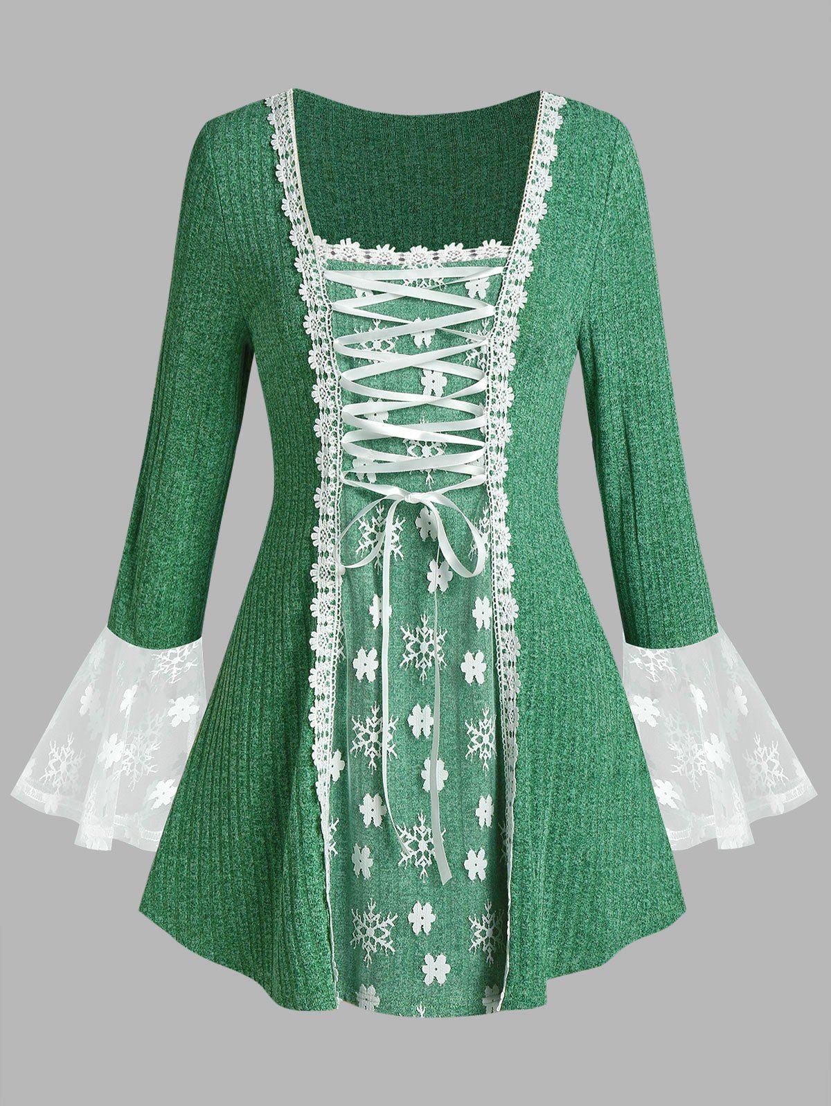 Plus Size Lace-up Floral Applique Snowflake Bell Sleeve Sweater - GREEN 1X