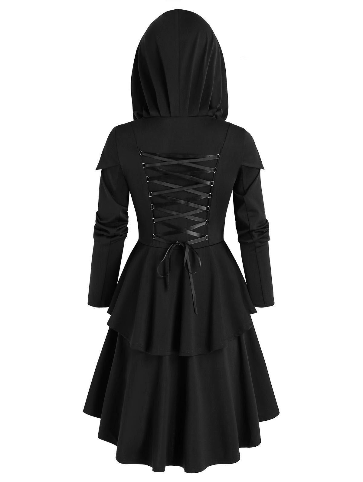 [34% OFF] 2020 Hooded Lace-up High Low Skirted Coat In BLACK | DressLily