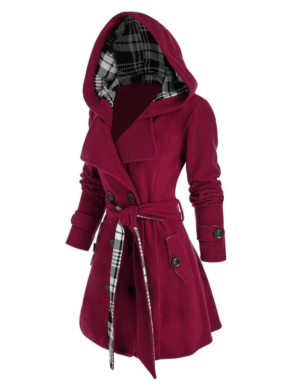 Manteau à Capuche à Carreaux avec Double Boutonnage Grande Taille - Rouge Vineux 5X