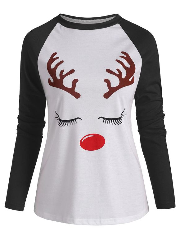 T-shirt à Manches Raglan à Imprimé Cerf de Noël - Noir 3XL