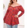 Plaid Button Up Wide V-neck Plus Size Top - RED 5X