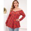 Plaid Button Up Wide V-neck Plus Size Top - RED 5X