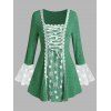 Plus Size Lace-up Floral Applique Snowflake Bell Sleeve Sweater - GREEN 1X