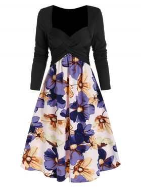 Criss Cross Ruched Flower Pattern Flare Dress