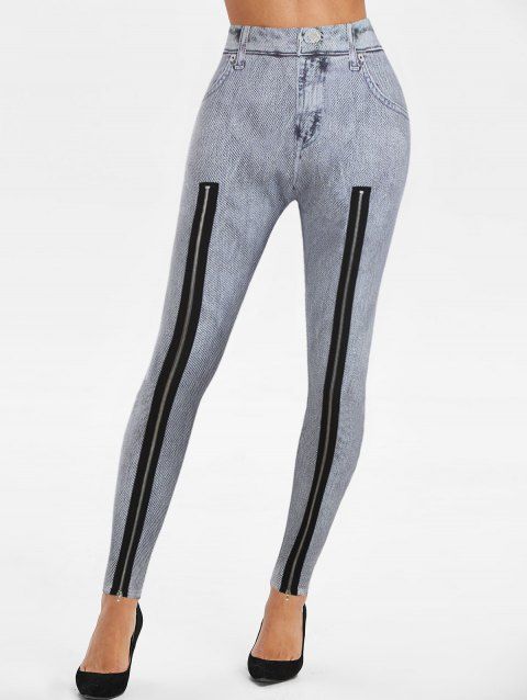 Zip Hem Faux Denim Skinny Leggings