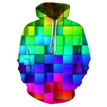 

Colorful Block 3D Print Kangaroo Pocket Hoodie, Multicolor