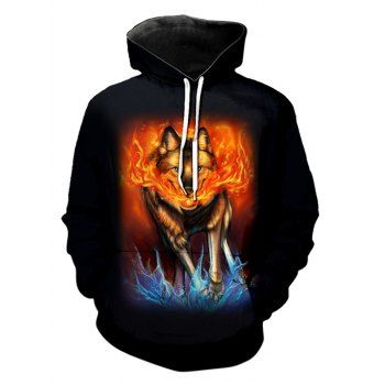 

Fire Water Wolf Print Kangaroo Pocket Hoodie, Night