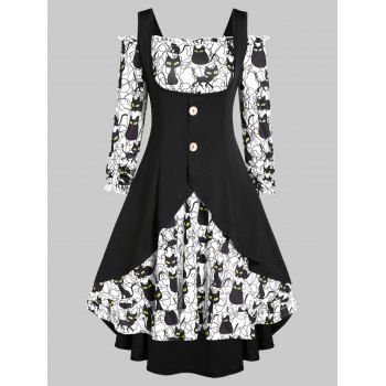 

Halloween Off Shoulder Cat Print Dress and Buckles High Low Top Set, Black