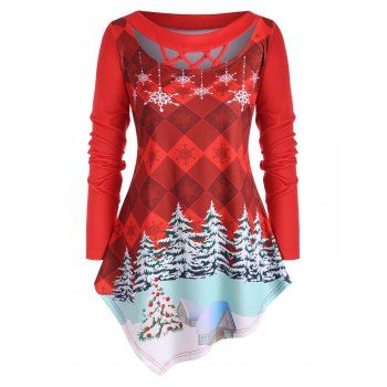 

Plus Size Crisscross Asymmetric Christmas Printed T Shirt, Red