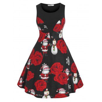 

Plus Size Christmas Flower Santa Claus A Line Dress, Black