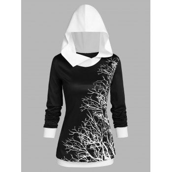 

Tree Print Contrast Color Hoodie, Black