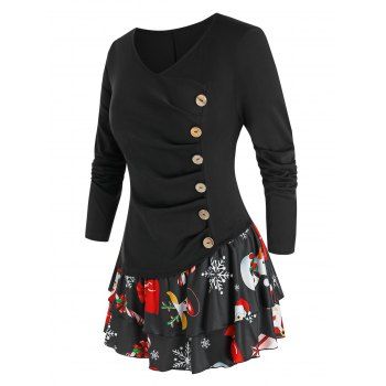 

Plus Size Christmas Snowman Buttoned Layered Skirted Tee, Black