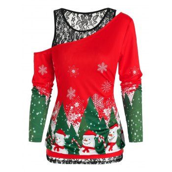 

Skew Neck Christmas Printed Tee and Lace Tank Top Twinset, Red