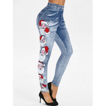 

Christmas Santa Claus Print Fitted Jeggings, Blue