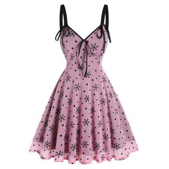 

Christmas Snowflake Print Bowknot Detail Mesh Dress, Pink