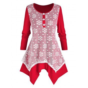 

Plus Size Lace Snowflake Hanky Hem Tunic Christmas Tee, Red