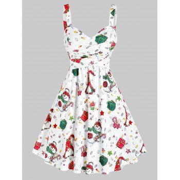 

Christmas Santa Claus Snowman Gifts Print Sleeveless Dress, White