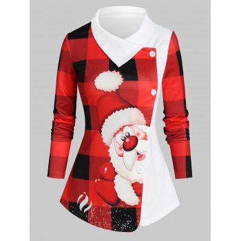 

Plaid Santa Print Colorblock Asymmetric Top, Red