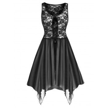 

Plus Size Lace Mesh Sheer Hanky Hem Lingerie Dress, Black
