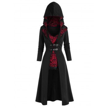 

Halloween Buckles Hooded Long Coat and Skull Lace Tank Top Set, Black