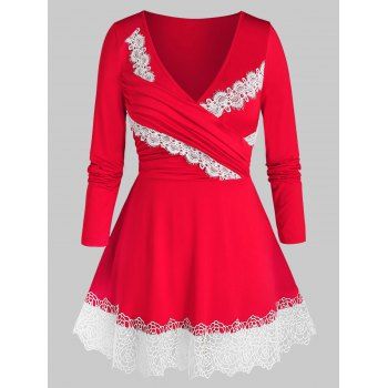 

Plus Size Guipure Lace Panel Surplice Tunic Tee, Red