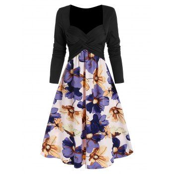 

Criss Cross Ruched Flower Pattern Flare Dress, Multicolor a
