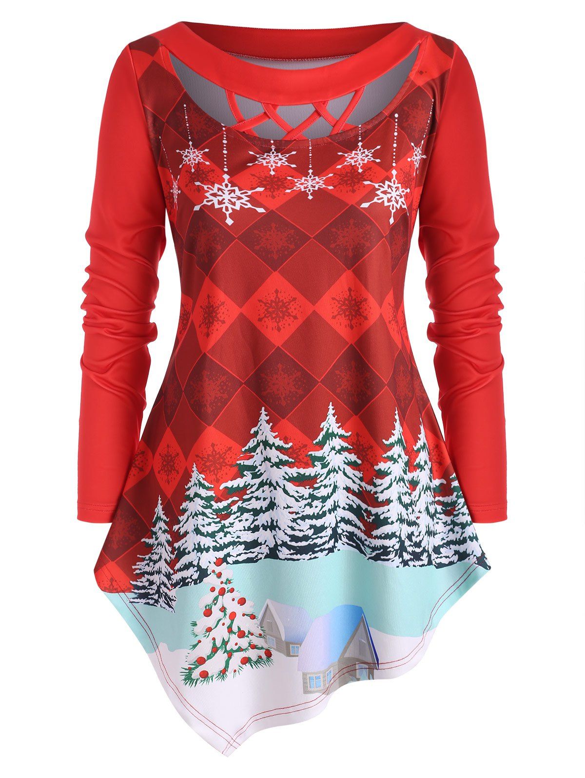 Plus Size Crisscross Asymmetric Christmas Printed T Shirt - RED 5X