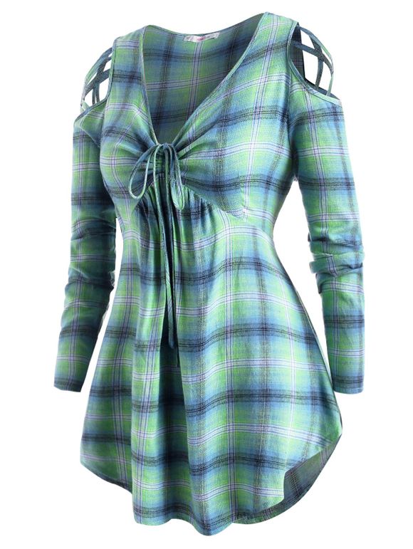 Haut à Bretelle à Carreaux à Epaule Dénudée de Grande Taille avec Lacets - Vert 2X