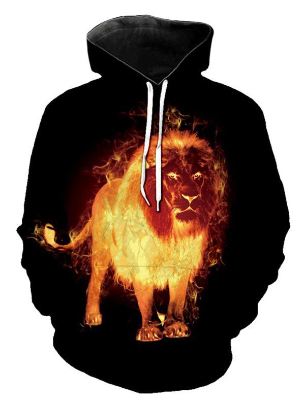 Sweat-Shirt à Capuche avec Poche Kangourou Lion Enflammé Imprimé - Noir M