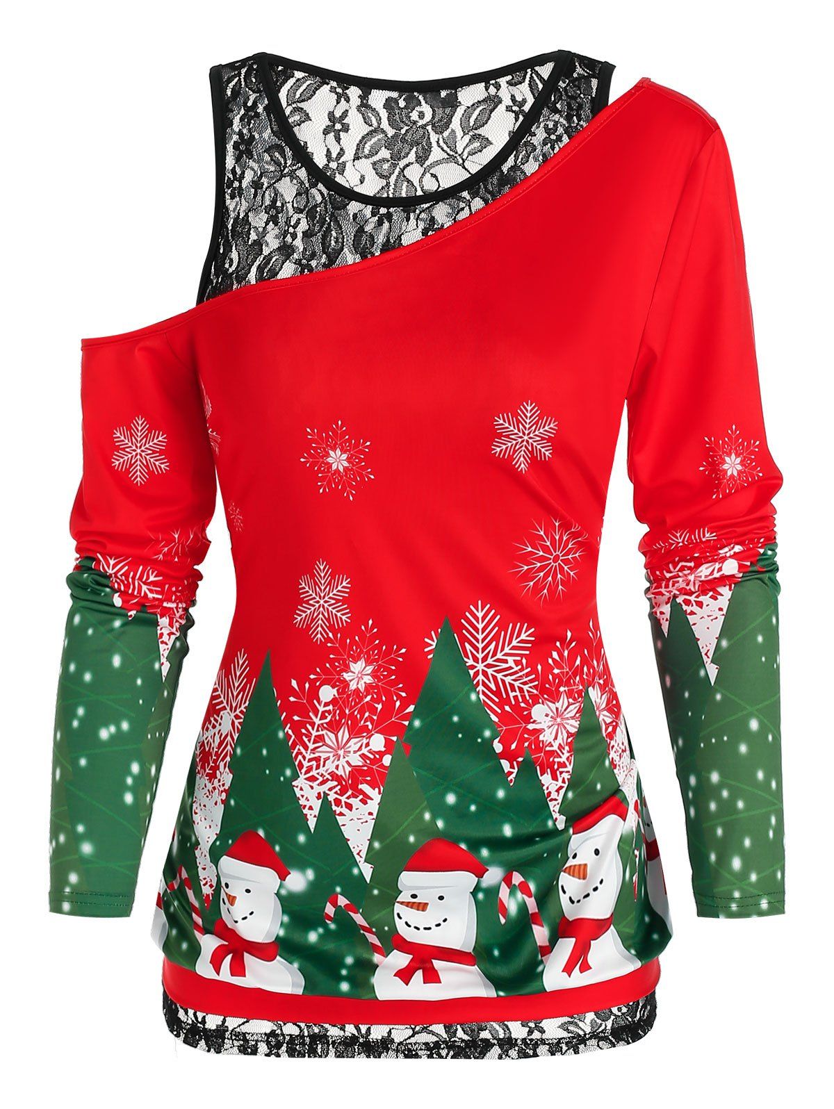 Skew Neck Christmas Printed Tee and Lace Tank Top Twinset - RED L