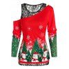 Ensemble de T-shirt de Noël Imprimé à Col Oblique et de Débardeur en Dentelle Deux Pièces - Rouge 3XL
