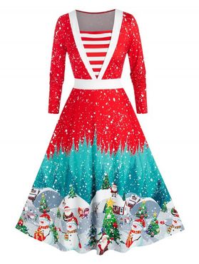 Plus Size Christmas Snowflake Claus Striped Long Sleeve Dress