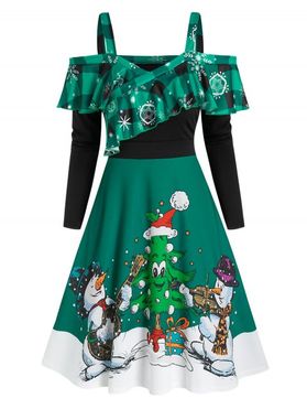 Christmas Printed Cold Shoulder Ruffled Dress