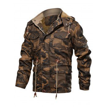 

Camouflage Print Toggle Drawstring PU Leather Cargo Jacket, Coffee