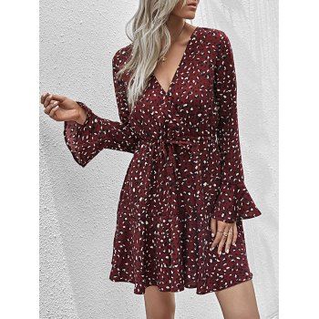 Image of Drawstring Waist Leopard Long Sleeve Dress