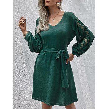 

Lace Panel Split Sleeve Belted Knit Dress, Deep green