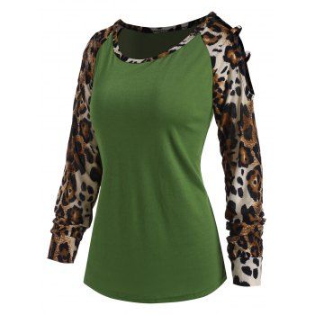 

Leopard Insert Raglan Sleeve Cold Shoulder T Shirt, Green