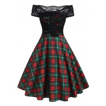 

Off Shoulder Lace Insert Plaid Belted Dress, Multicolor