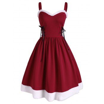 

Christmas Faux Fur Insert Lace Up Party Dress, Red