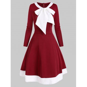

Christmas Faux Fur Insert Pussybow Colorblock Dress, Red