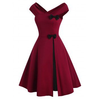 Image of Bowknot V Neck Slit Colorblock Party Dress