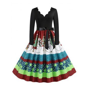 

Plaid Snowman Christmas Tree Scalloped Belted Plus Size Dress, Green