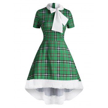 

Christmas Faux Fur Insert Plaid Pussybow High Low Dress, Green