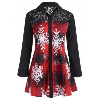 

Christmas Checked Snowflake Sheer Lace Yoke Shirt, Black