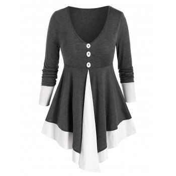 

Plus Size Two Tone Empire Waist Asymmetric T Shirt, Gray