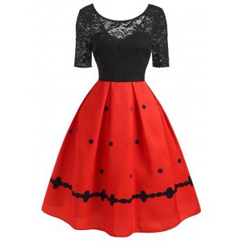 

Lace Insert Polka Dot V Back Dress, Red