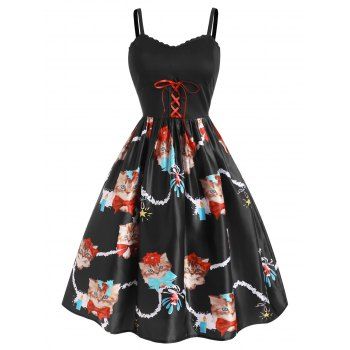 

Christmas Santa Claus Cat Print Lace-up Lace Insert Dress, Black