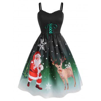 

Christmas Santa Claus Cat Print Lace-up Lace Insert Dress, Deep green