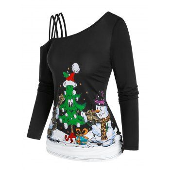 

Christmas Skew Neck Snowman Tree Print T Shirt, Black